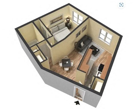 an illustration of a living room and bedroom in a small house